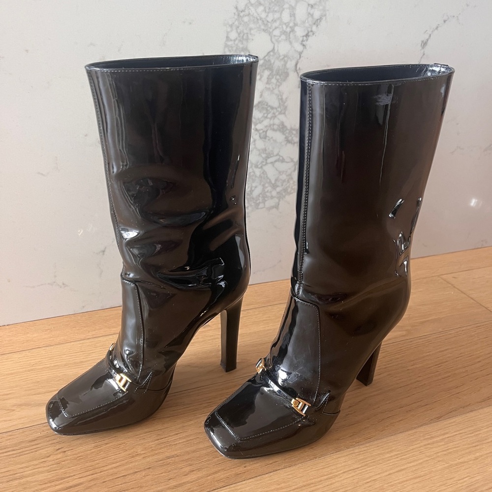 Saint Laurent Black Patent Leather High Heel Boots
